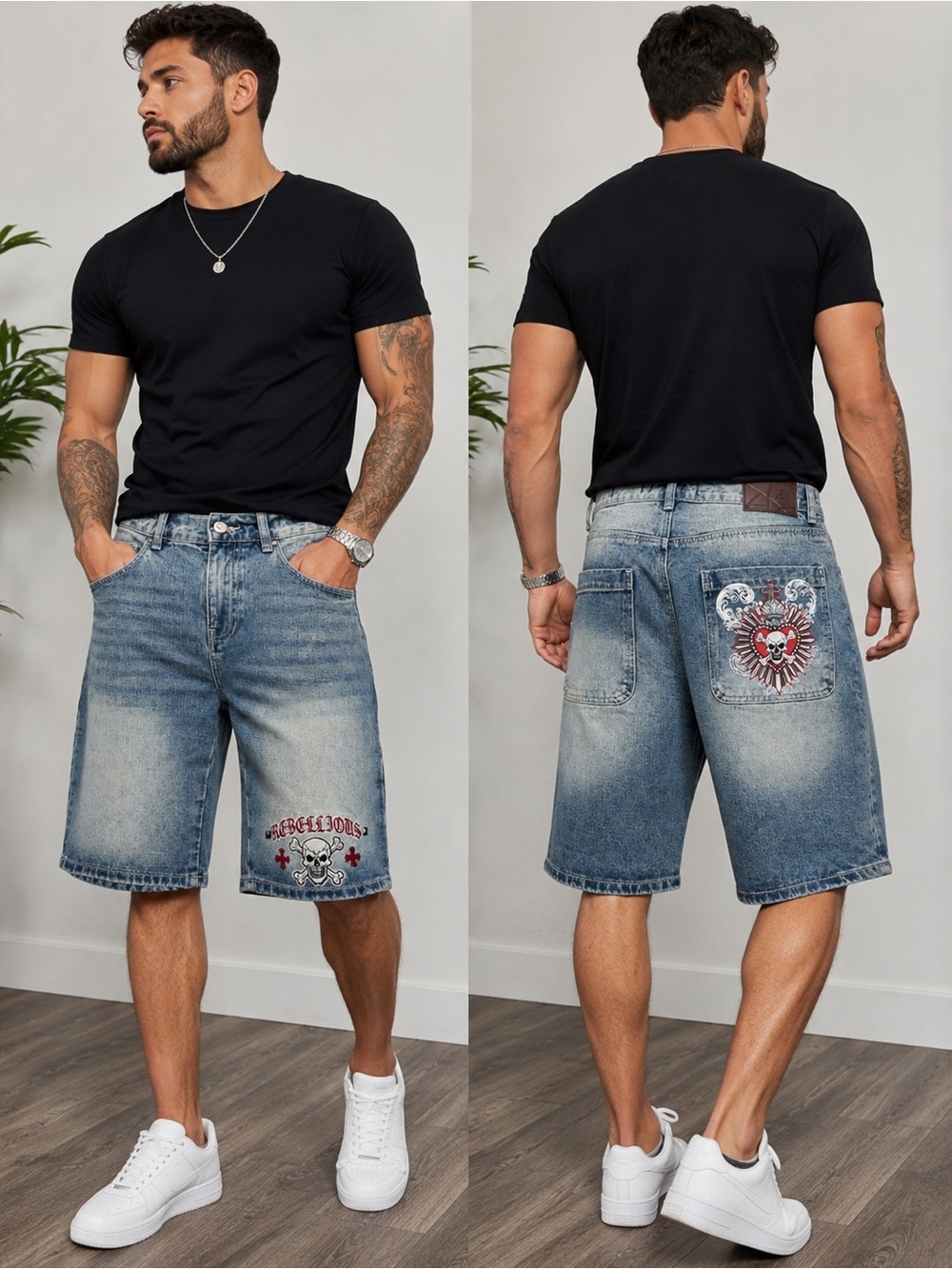 🩷. 9023. Men's Distressed Denim Shorts with Graphic Detail - Black Wash